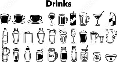 Set of Hand-Drawn Drinks and Beverages Vector Illustrations in Black and White Outline Style