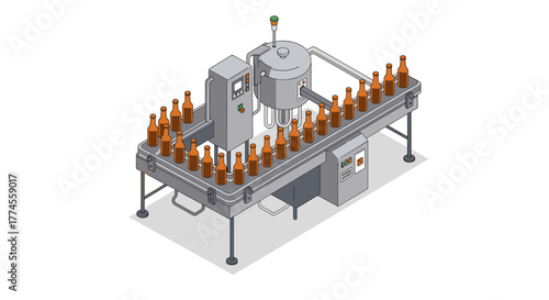 Isometric conveyor belt with bottling machine in a modern industrial setting