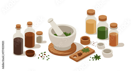 Isometric herbal apothecary with mortar and glass bottles for natural remedies