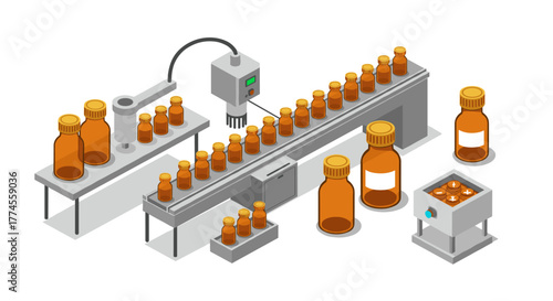 Isometric factory conveyor with bottles and automatic capping machine