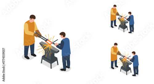 Isometric blacksmiths at work with anvil and sparks