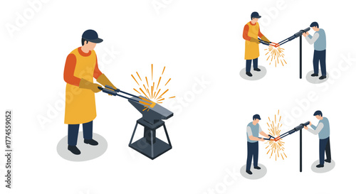 Isometric welding workshop: craftsmen in action with sparks and tools
