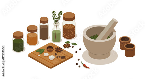 Isometric herbal apothecary with mortar, pestle, and spice jars for natural remedies