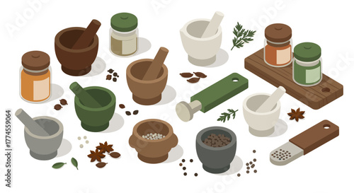 Isometric herb grinder tools with spices on kitchen counter