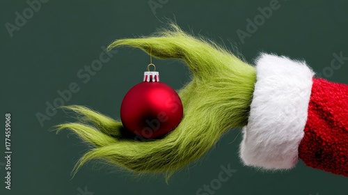 Green hand holding a red Christmas ornament. The ornament is a small ball with a green stem