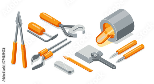 Isometric metalworking tools set with forging and casting instruments