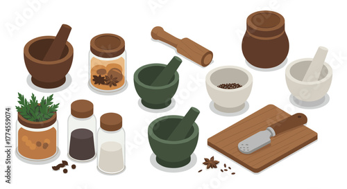 Isometric kitchen utensils and spices set with mortar and pestle collection