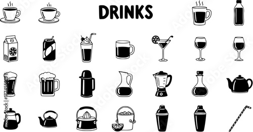 Collection of various drink and beverage icons, including coffee, tea, cocktails, wine, beer, juice, and other drinkware, in a black and white outline and silhouette style.