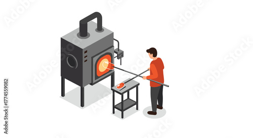 Isometric glassblowing scene with craftsman and kiln in action