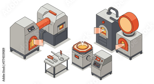 Modern industrial furnaces set in isometric style