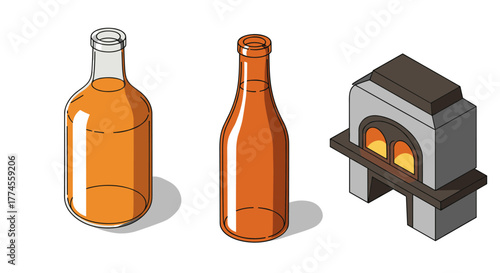 Isometric glass blowing process with bottles and furnace design
