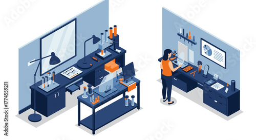 Modern isometric laboratory with scientist and equipment in blue and orange theme