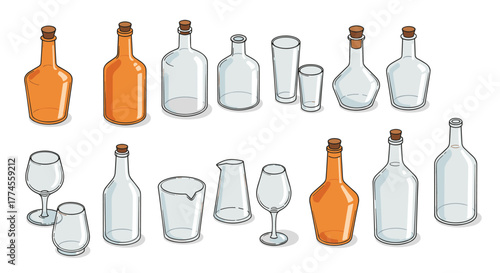 Isometric collection of glass bottles and glassware on a white background