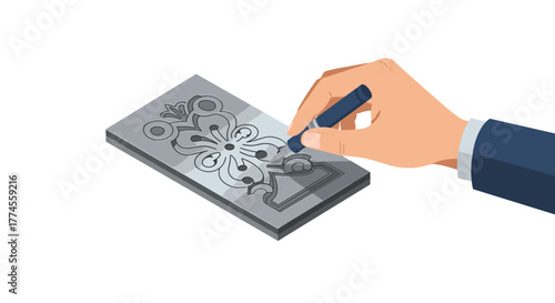 Hand carving intricate design into metal plate with precision tool
