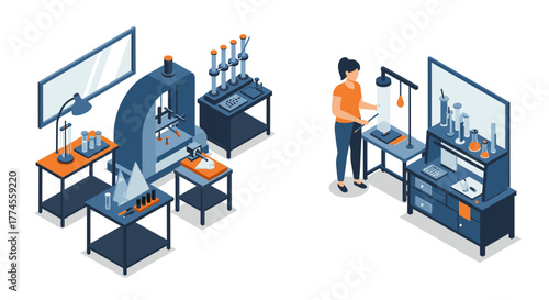 Isometric scientific laboratory with equipment and researcher in modern design