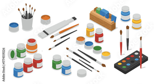 Isometric art supplies with paints, brushes, and palette in creative arrangement