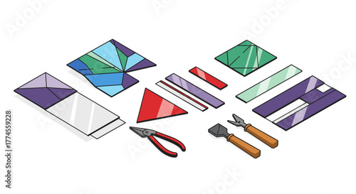 Colorful geometric stained glass and tools arrangement
