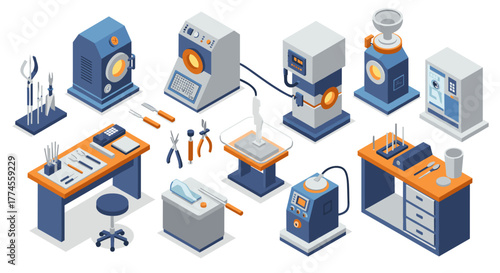 Isometric jewelry workshop equipment with tools and machines on white background