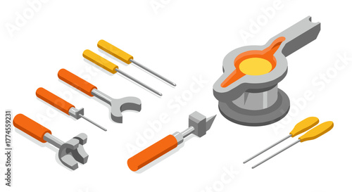 Isometric foundry tools: crucible, ladle, wrenches, screwdrivers set for metalworking