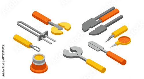 Isometric set of hand tools with orange and yellow handles for various applications