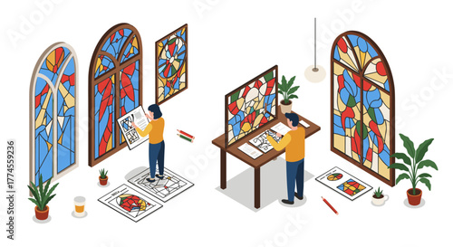 Isometric stained glass design process with artists in two creative setups