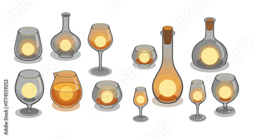 Elegant glassware collection with orange glow on white background in isometric style