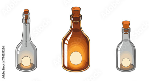 Set of transparent bottles with cork stoppers and flickering candles in isometric style