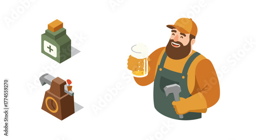 Cheerful craftsman holding beer and hammer with isometric workshop tools