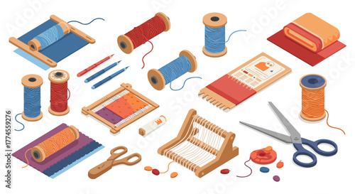 Crafting tools and accessories with yarn and fabric in isometric design