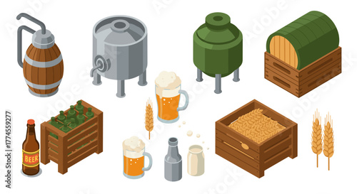 Isometric brewery equipment and ingredients for craft beer production