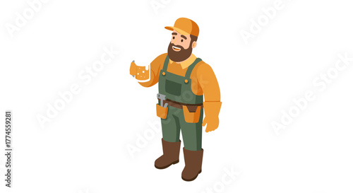 Isometric cartoon brewer character holding beer mug in overalls