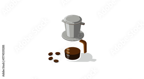 Isometric coffee maker with beans on white background