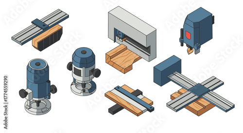 Isometric art of carpentry tools: routers and joinery machines for woodworking projects