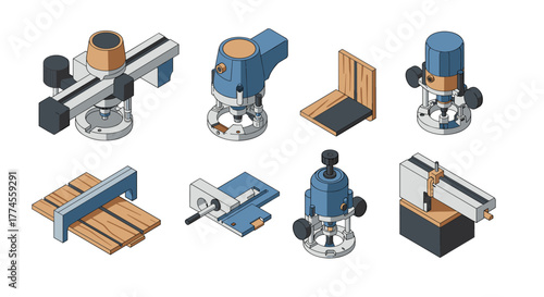 Isometric router tools and accessories collection for woodworking projects