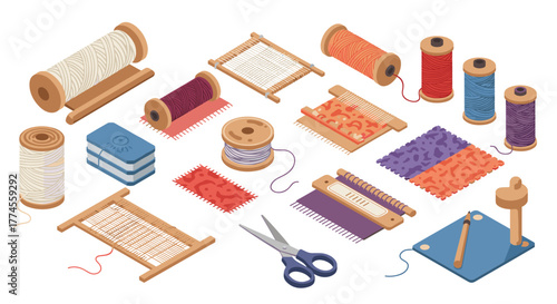 Colorful isometric yarn and weaving tools collection for craft enthusiasts