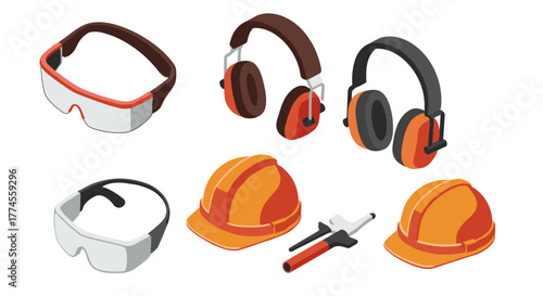 Safety equipment collection: isometric helmets, goggles, and ear protection