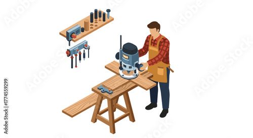 Carpenter using router table for woodworking project in isometric workshop