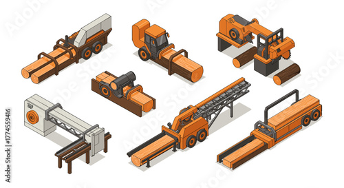 Isometric logging and sawmill machines collection in orange tones