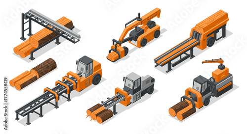 Isometric wood processing machinery set featuring logging and lumber equipment