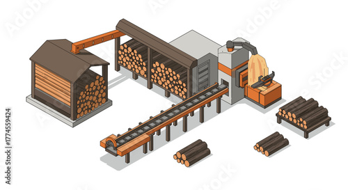 Isometric illustration of automated lumber processing facility with conveyor system