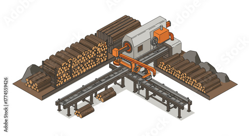 Isometric sawmill machine with timber logs and conveyor belts in industrial setting