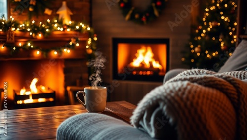 Cozy Christmas Eve by the fireplace with warm drink