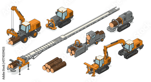 Isometric forest machinery and logging equipment set
