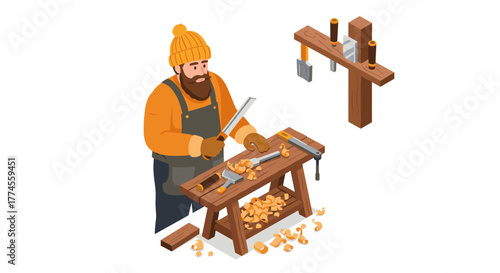 Isometric woodworking scene: bearded craftsman carving at workshop bench