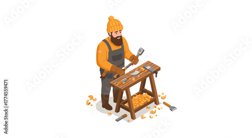 Isometric carpenter crafting wooden project at workbench in winter attire