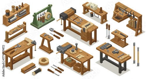Isometric workshop tools on wooden benches for carpentry and craft projects