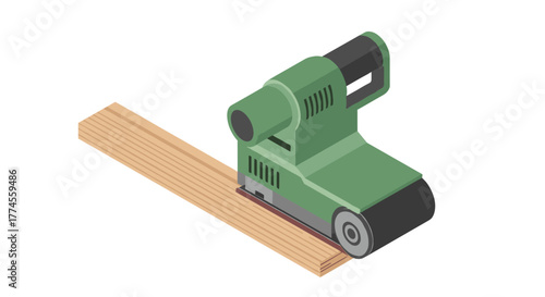 Isometric belt sander on wooden plank for carpentry and home projects