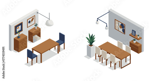 Modern isometric office interior designs with desk and dining area