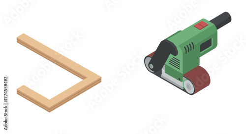 Isometric workshop tools: belt sander and wooden corner design