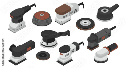 Isometric power sanders collection set with detailed rotating tools on white background